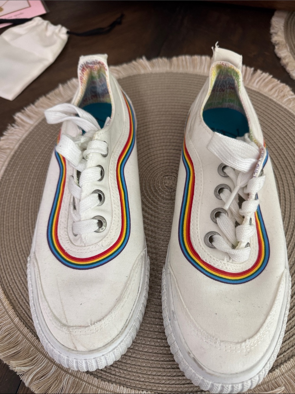 Blowfish White Canvas Sneakers with Rainbow Stripe Trim